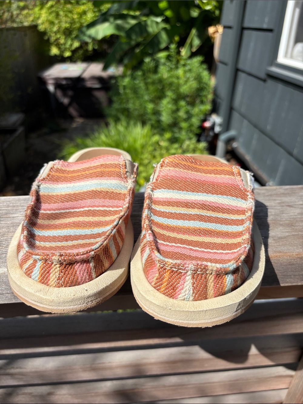 Sanuk Women’s Striped Slip-On Sandals in Orange, Cream and Teal